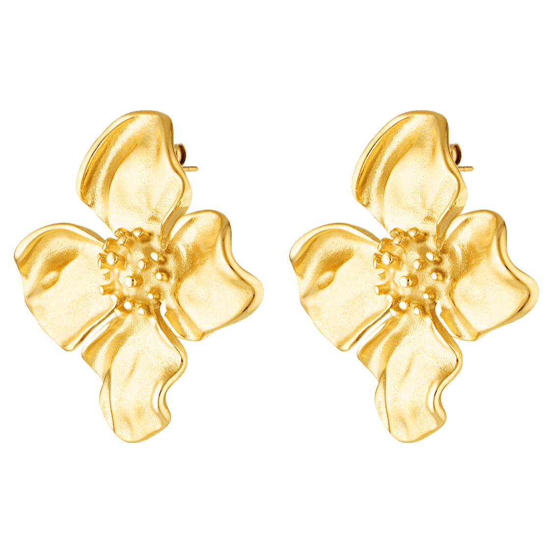 Tahiti Earrings, large hibiscus shaped gold stud earrings in 14k gold 