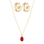 Beautiful large gold stud hoops and red crystal pendant necklace in 18k gold fill set 