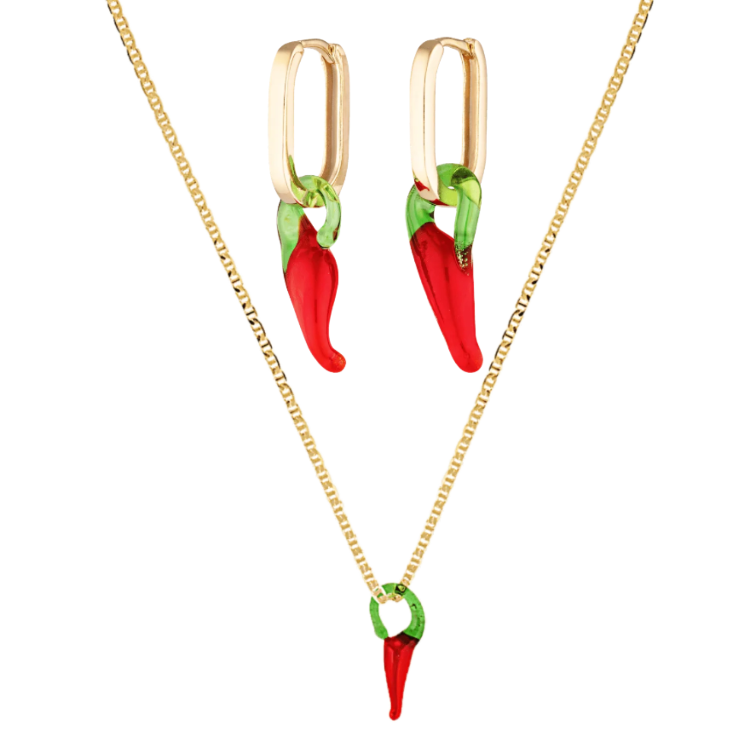 Chilli charm pendant earrings and necklace in 18k gold filled