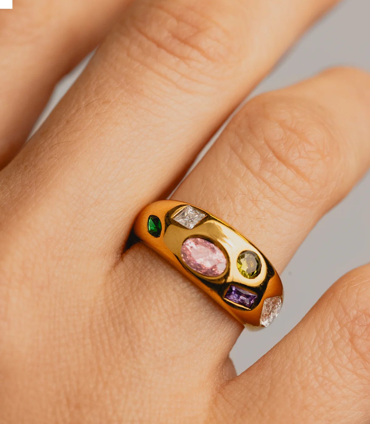 Coloured gemstone ring in spring flower colours in 14k gold fill 