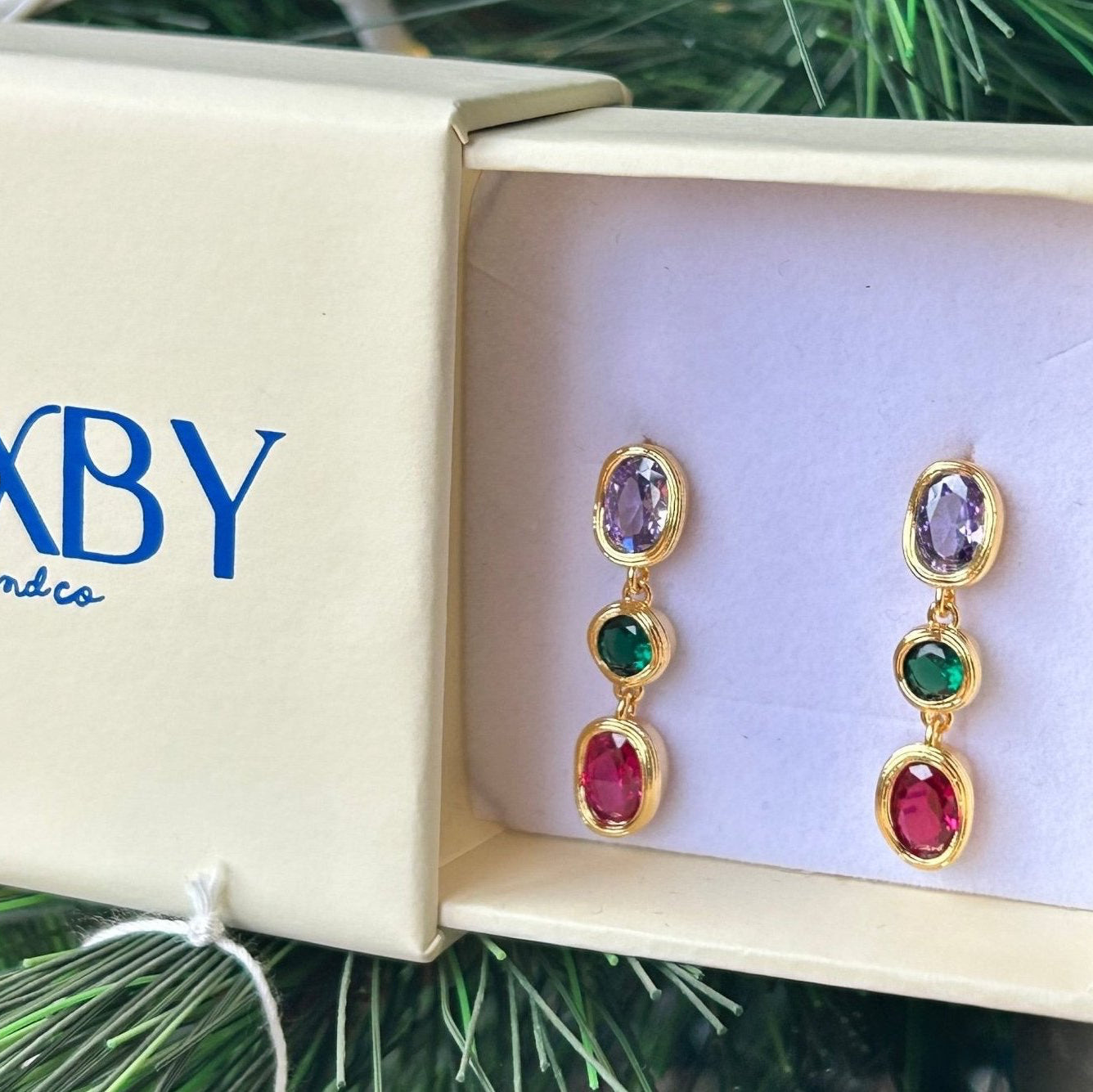 Paloma coloured gem earrings in jewellery box