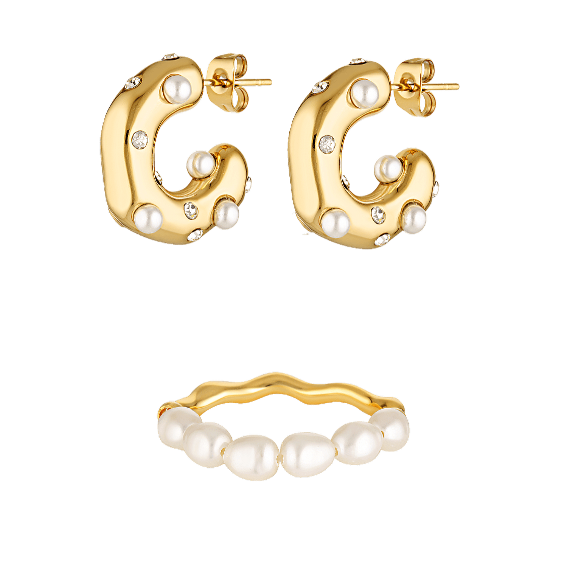 Pearl studded gold hoops and a pearl ring gift set